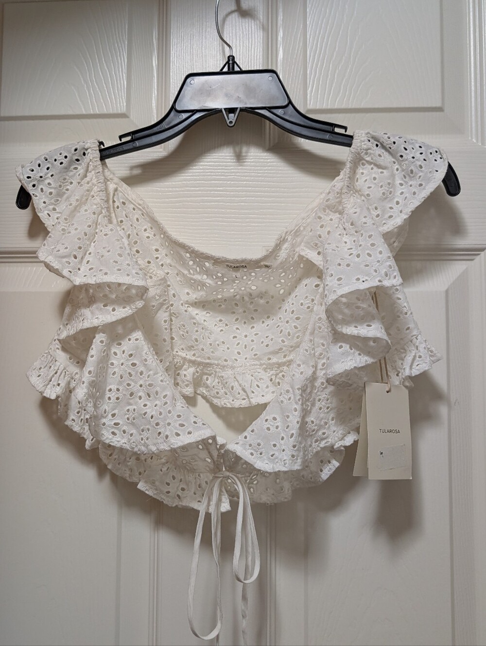 NWT Tularosa White Eyelet Ruffle Flutter Sleeve Crop Top Tie Size Large L